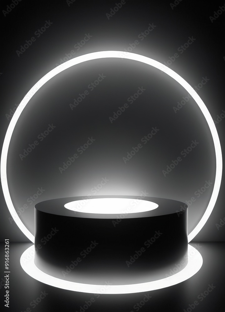 Poster black pedestal with circular light source at its center is positioned on white circular base, creati