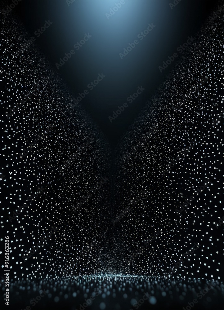 Poster black and white abstract with gradient blue and white, featuring central light source and textured b