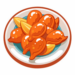 A Plate of Orange Chicken with Two Slices of Pineapple