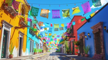 Colorful Mexican street with hanging colorful flags for fiesta party and blue sky. Cinco de mayo. The day of the dead. Dia de los Muertos