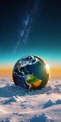 Naklejka premium digital Earth, with blue sky and white clouds, is depicted from space, featuring milky way galaxy and warm