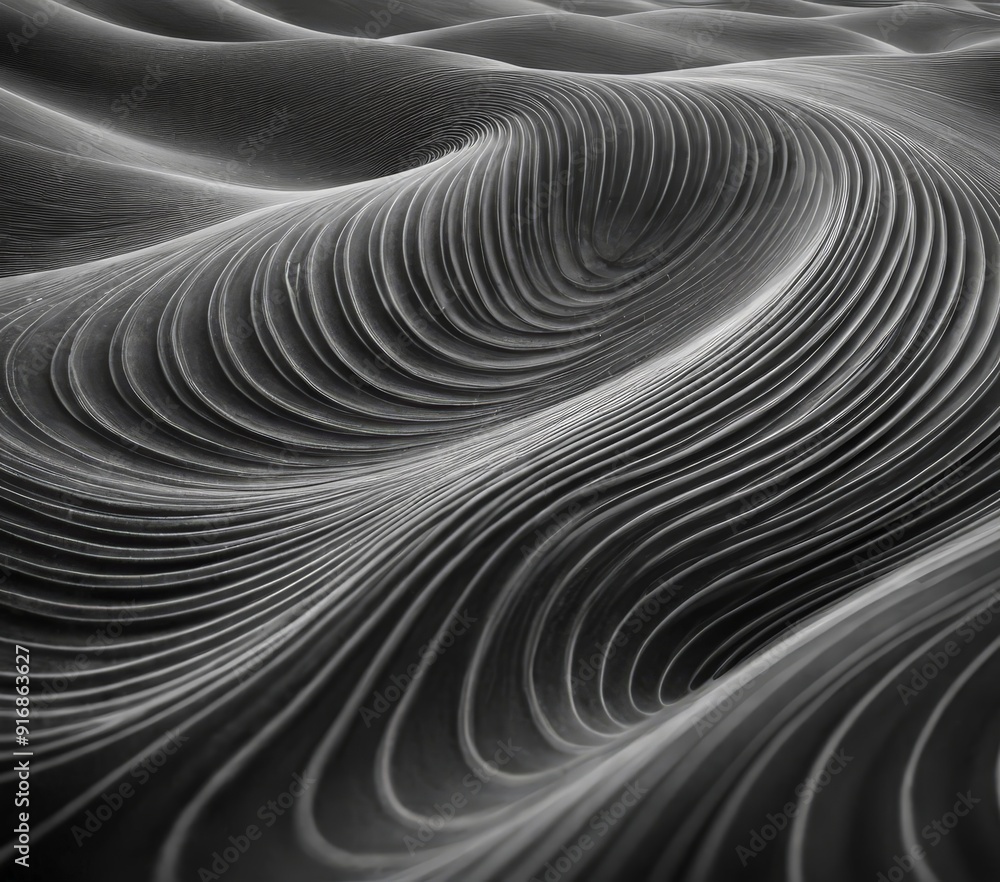 Poster black and white wave-like pattern, with sense motion and depth, featuring curved lines and smooth, f