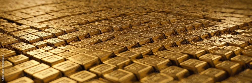 Poster close-up view numerous gold-colored cubes arranged in grid-like pattern, with blurred background.