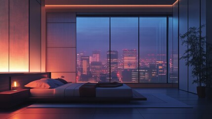 Anime scene of a modern bedroom with a minimalist bed, soft lighting, and large windows