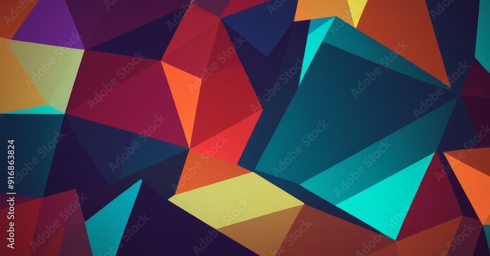 Poster vibrant abstract composition overlapping triangular shapes in various colors, including red, orange,