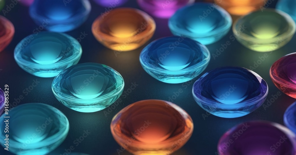 Poster collection colorful glass spheres, each with unique hue, are arranged in grid-like pattern, creating