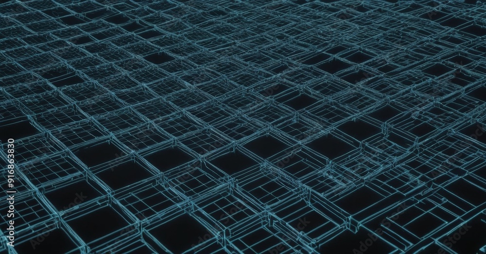 Poster close-up view complex, abstract pattern blue and black squares and rectangles, creating sense depth 