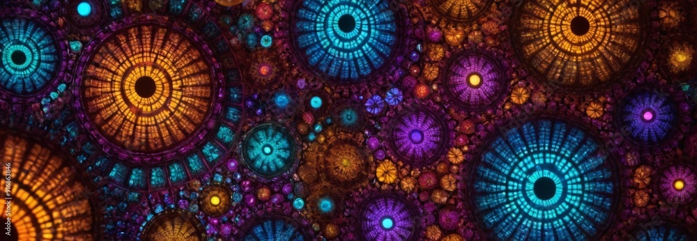 Poster vibrant abstract pattern overlapping circles and lines in various colors, including orange, blue, pu