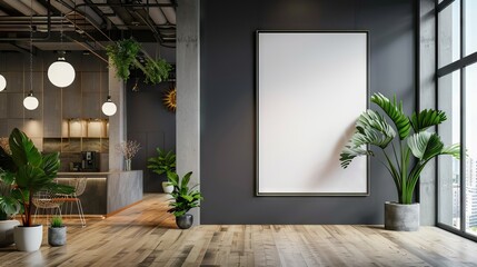 Dark gray office lobby with a concrete floor, loft windows and a glass wall. There is a large vertical poster and a meeting room. 3d rendering mock up. AI generated illustration