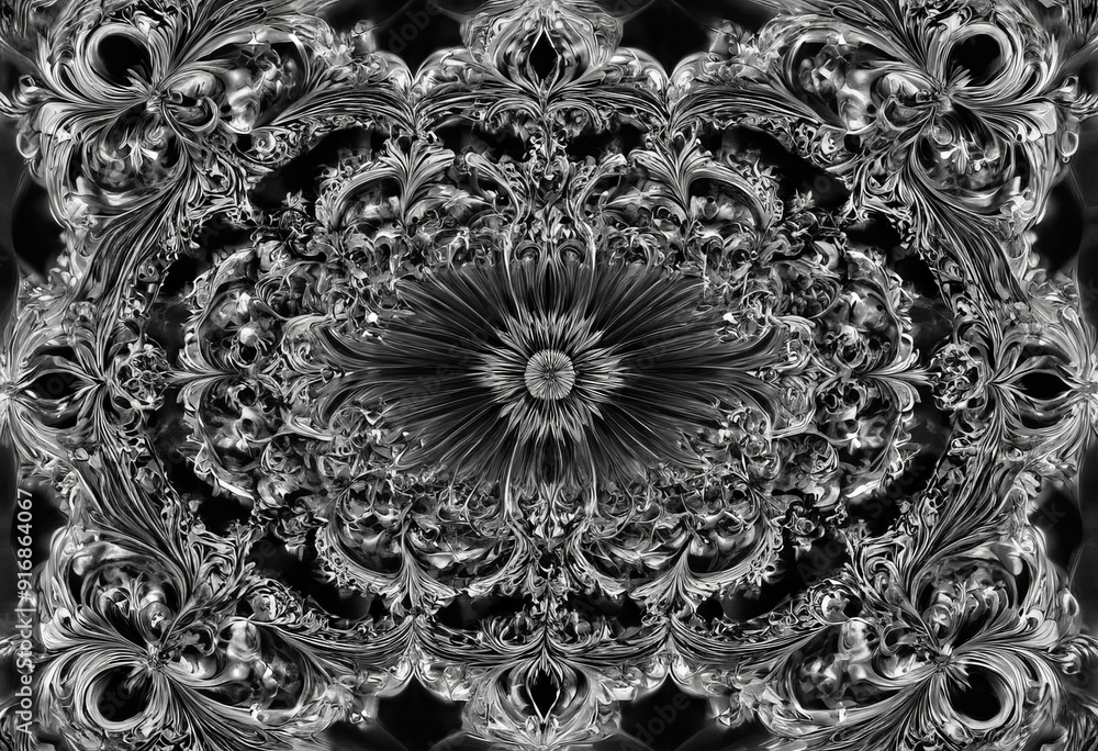 Poster symmetrical black and white mandala-like pattern features central flower-like design surrounded by i