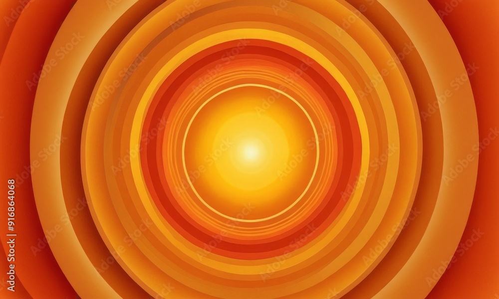 Poster vibrant abstract features concentric circles varying shades orange and yellow, creating sense depth 