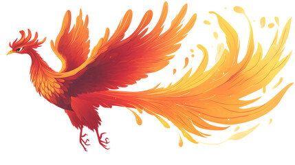 Obraz premium Phoenix in red and orange colors, vector illustration on a white background, flying up in the style of a cartoon.PNG file with transparent background and high definition focus and dynamic range.