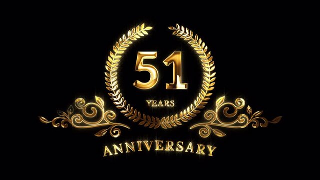 51st Anniversary Celebration. Happy 51 Years Anniversary Animation in Gold Color on the Transparent Background, Alpha Channel. Great for greetings, celebrations, events, and gifts.