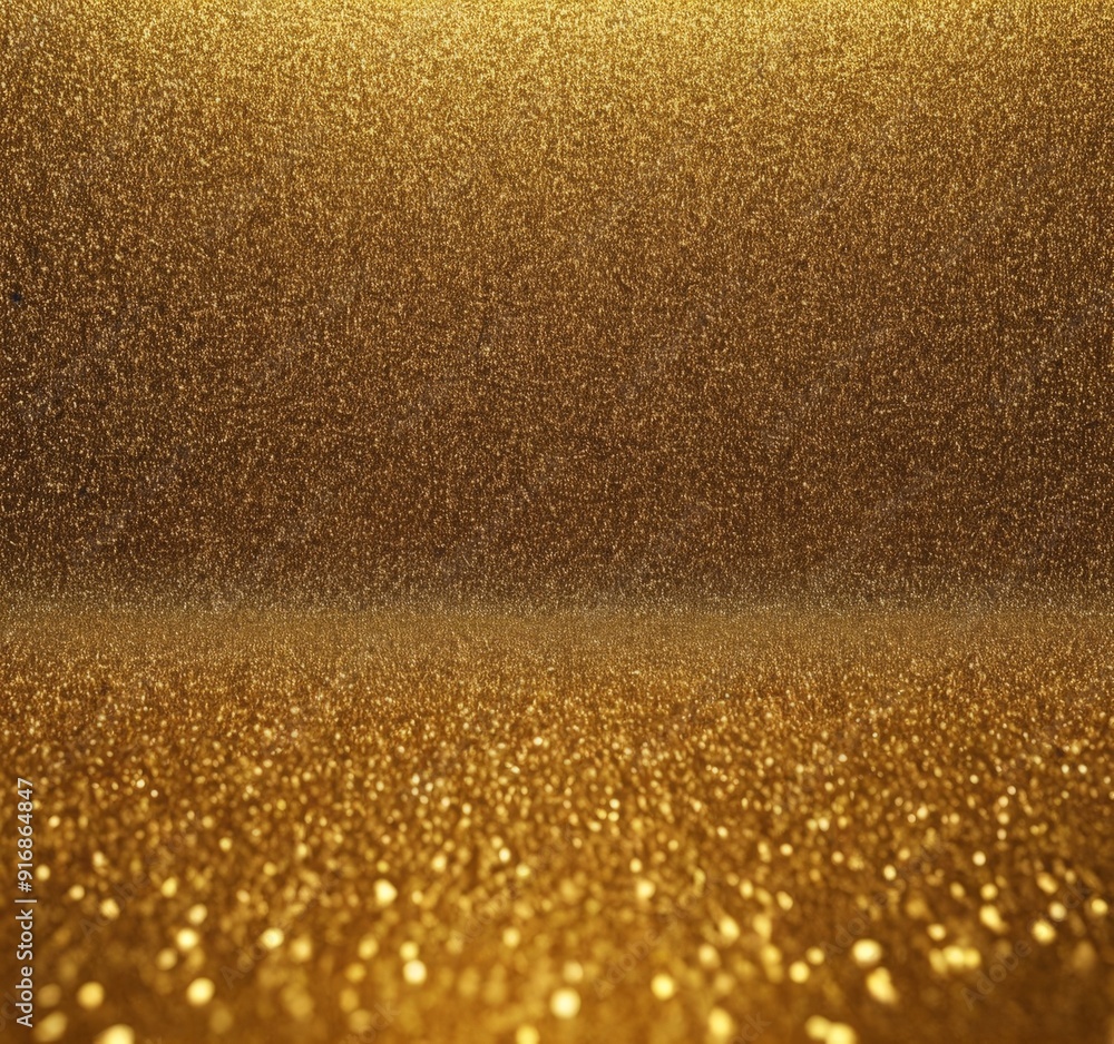 Poster close-up view textured gold background with gradient effect, featuring scattering small, shiny gold 