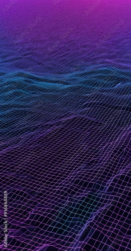 Poster digital wave-like pattern in shades purple and blue, with grid-like texture and gradient effect.