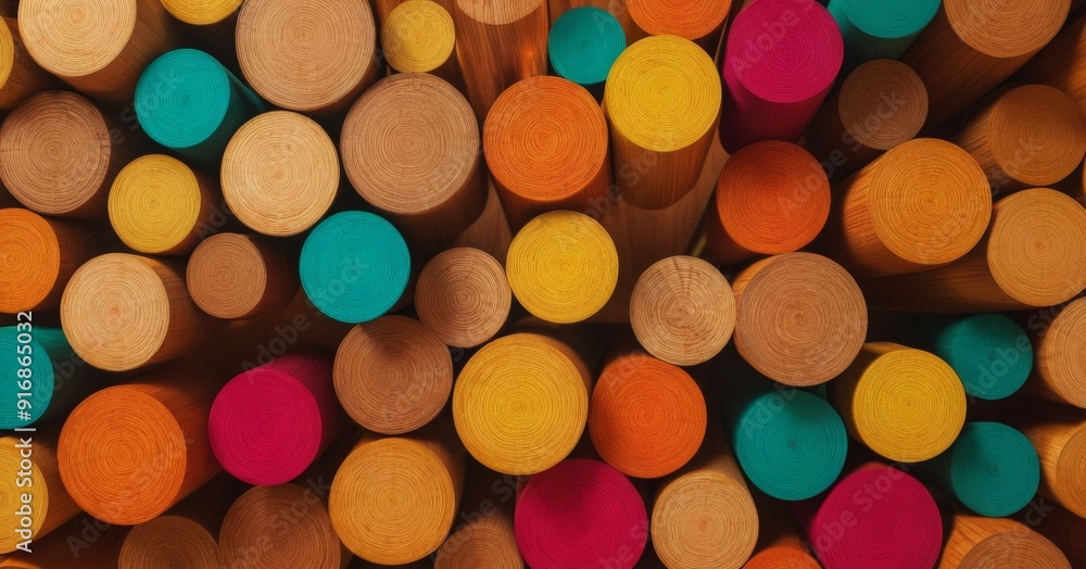 Poster close-up view collection wooden cylindrical objects, each with distinct color, arranged in seemingly random