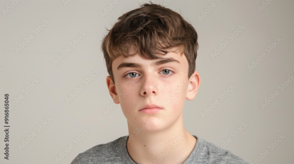 Wall mural Teenage Boy Looking Directly at the Camera With a Serious Expression