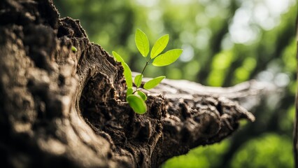 A green sprout grows from the trunk of a dead tree.