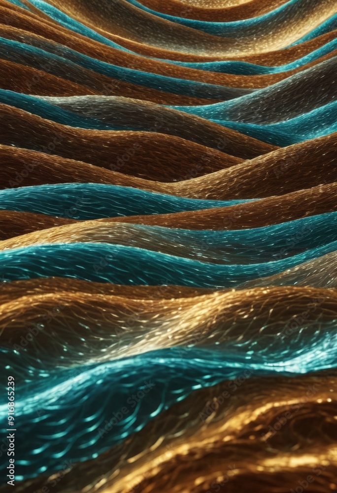 Poster close-up view textured surface with repeating pattern brown, blue, and gold lines, creating sense de