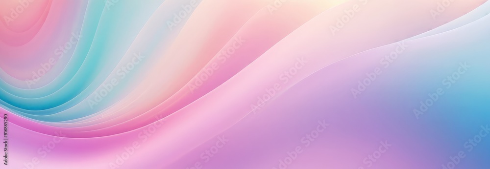 Poster gradient background with pink, blue, and green hues, featuring curved pattern overlapping lines and 