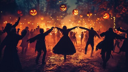 Happy Halloween horror party concept. Scary view of dancing zombies at cemetery with Dj and club lights. Creative artwork decoration. Useful as a party poster or greeting card. Selective focus