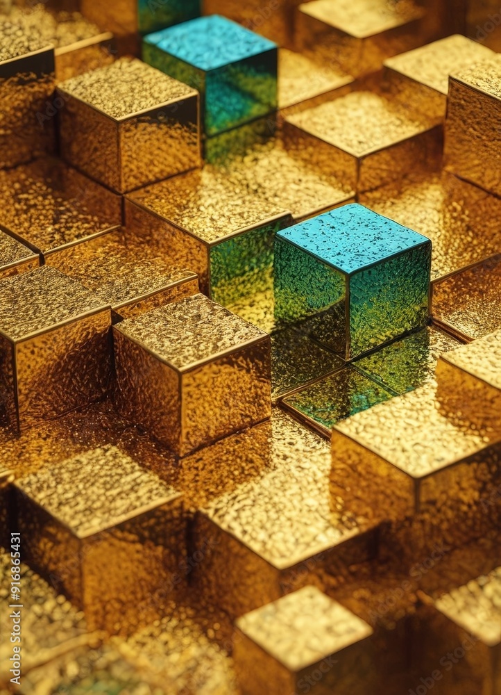 Poster 3d golden cube pattern, with blue cube in the center, creates visually striking and intricate design