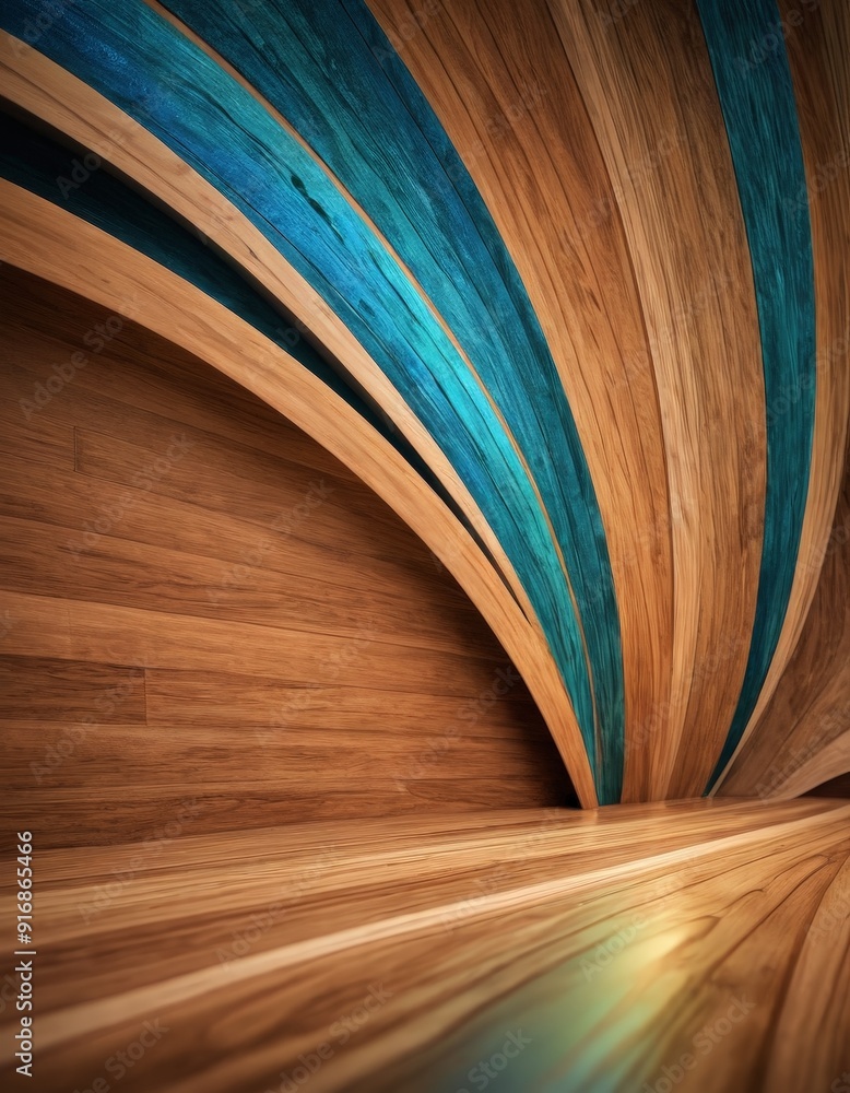 Poster wooden wall with curved pattern blue and brown stripes, creating dynamic and abstract visual effect.