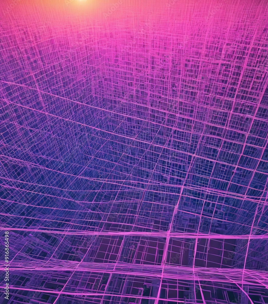Poster digital complex, abstract grid-like pattern in shades purple and pink, with gradient effect transiti