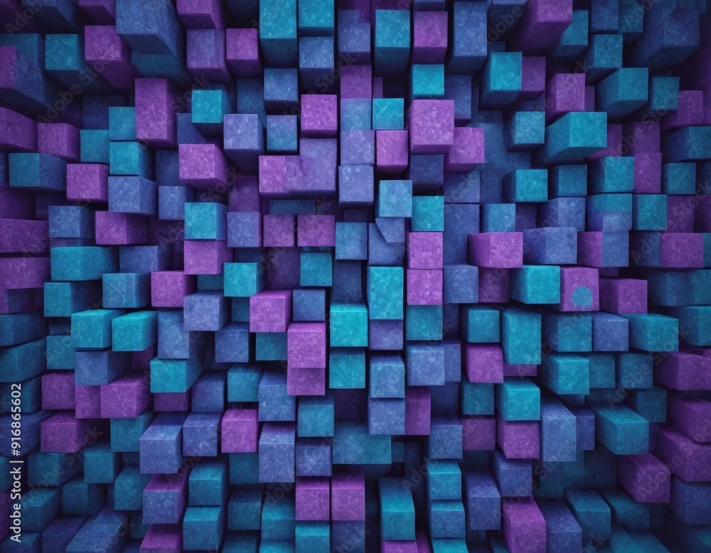 Poster 3d grid blue and purple cubes, varying in size, creates visually striking abstract pattern.