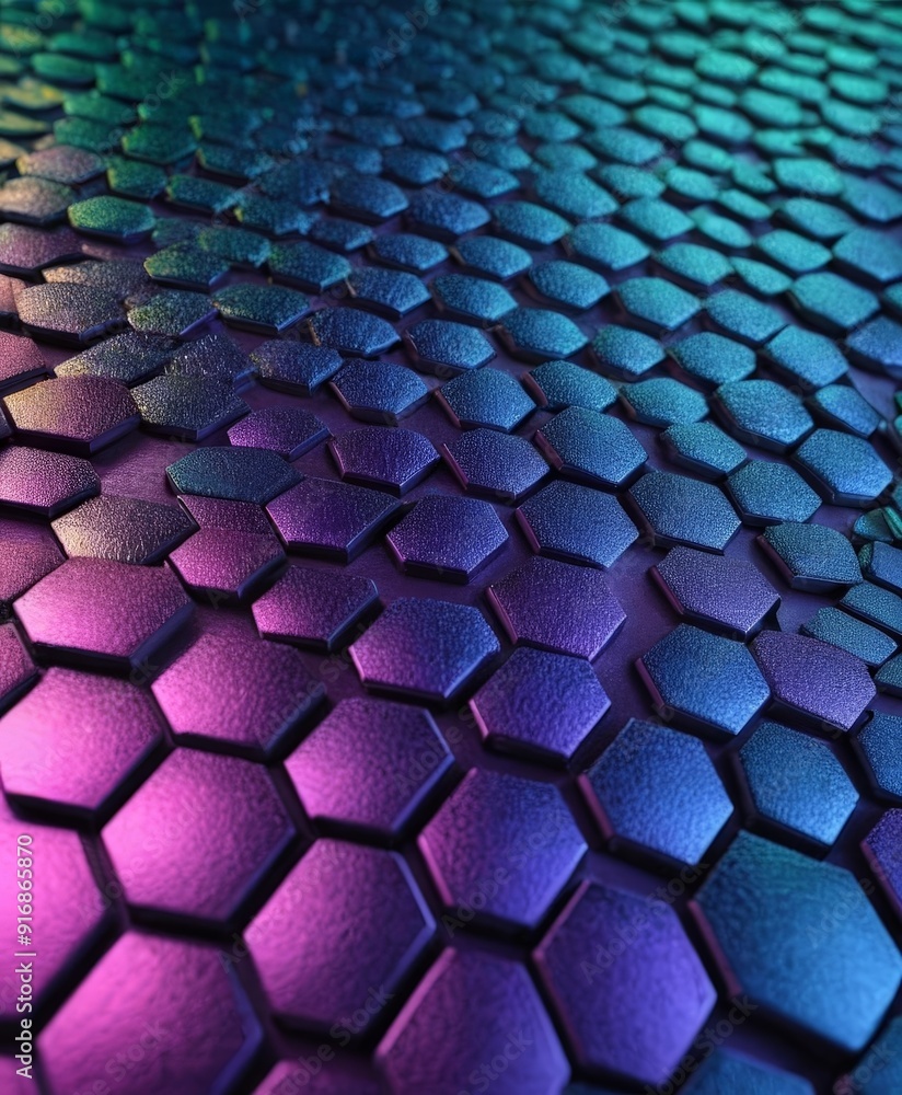 Aufkleber close-up view metallic surface with repeating pattern hexagonal shapes in shades purple and blue, wi