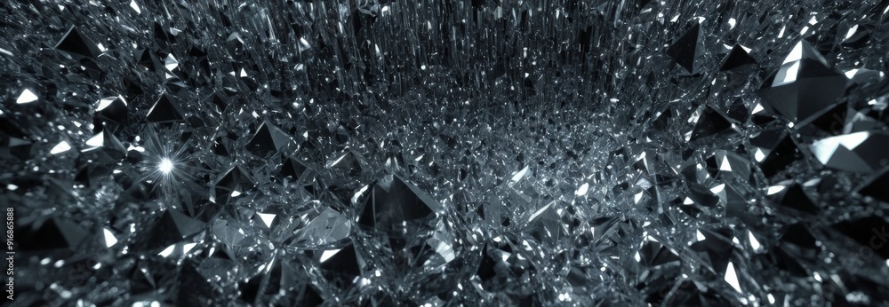 Poster black and white numerous small, triangular crystals arranged in dense, chaotic pattern.