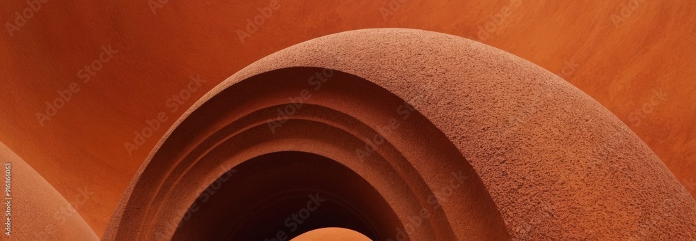 Poster close-up view textured, orange-colored sphere with curved arch, creating sense depth and dimension.