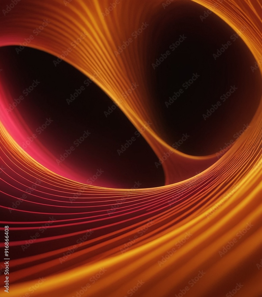Poster digital swirling, abstract design with gradient orange and red hues, featuring two large, curved sha