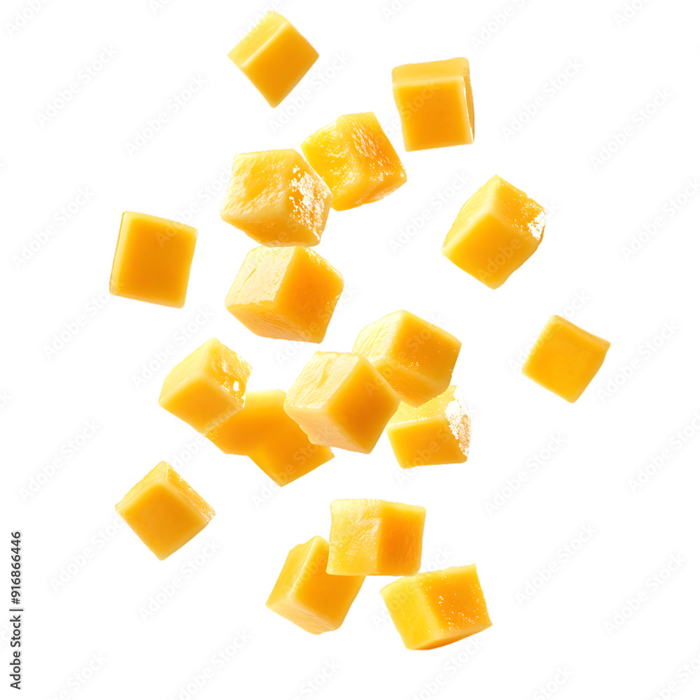 Poster falling mango cubes isolated on a white background with full depth of field, frozen motion