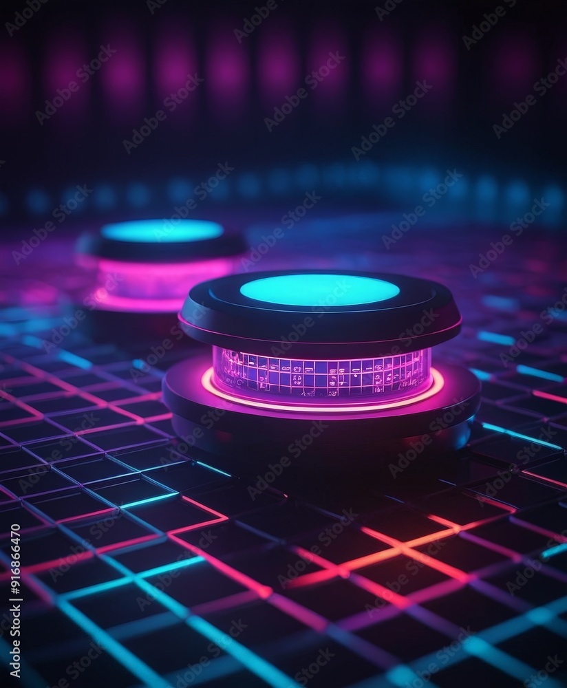 Poster futuristic device with glowing blue and pink lights rests on grid-like surface, creating visually st