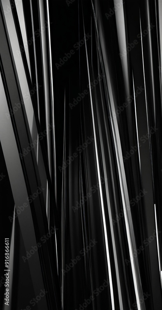 Poster black and white abstract featuring diagonal lines and sense depth and movement.