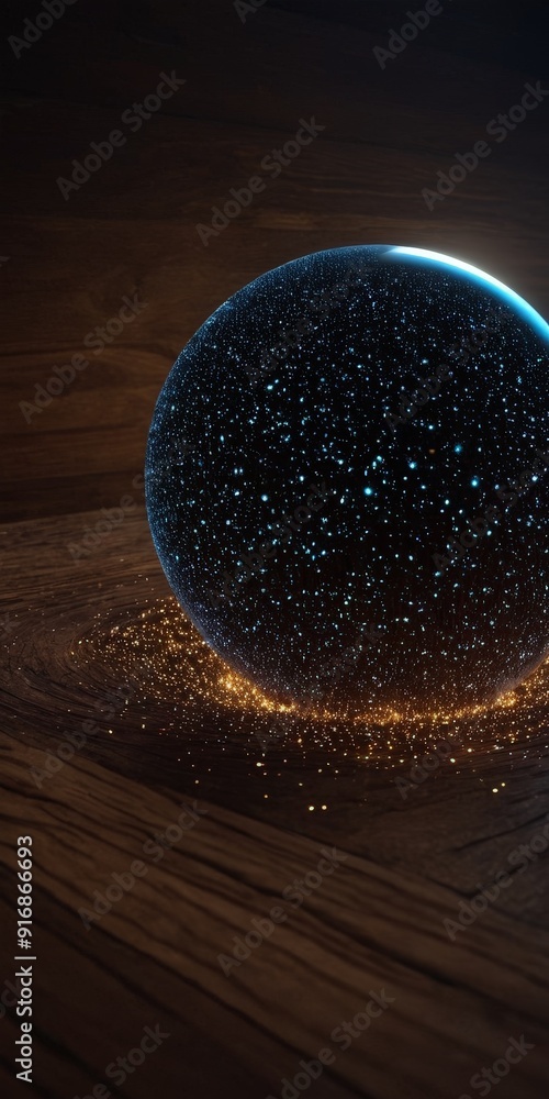 Poster black sphere with white dots floats on wooden surface, illuminated by warm glow from below, creating
