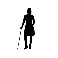 a young lady are standing with cane vector silhouette isolated white background