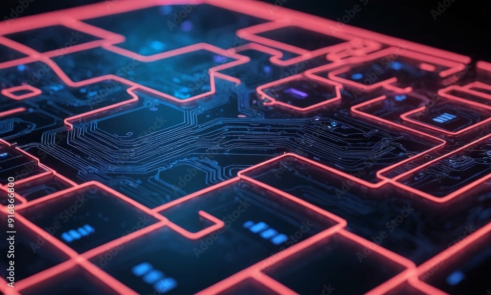 Poster 3d complex circuit board features maze-like pattern red and blue lines, with blue background and bla