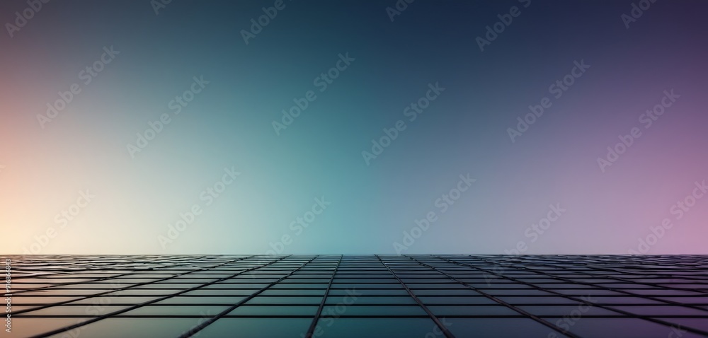 Aufkleber gradient background transitions from blue to purple, with grid-like pattern black squares at the bot