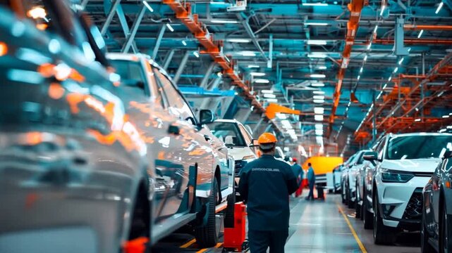 Chinese workers work on the assembly line of a modern car factory.