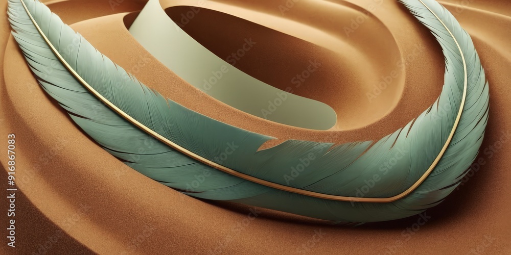 Poster close-up view feather, with light brown background and darker green hue, creating sense depth and te