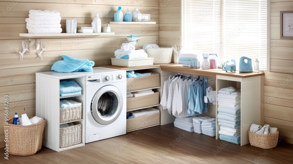 Poster a tidy laundry room showcases a washing machine beside a shelf of neatly folded towels and soft line