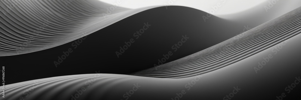 Poster black and white wave-like pattern, with gradient black and white lines and shapes, creating sense de
