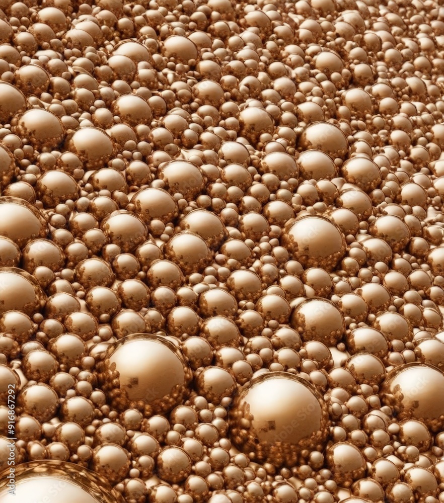 Poster close-up view numerous small, round, beige spheres arranged in textured pattern, creating visually s