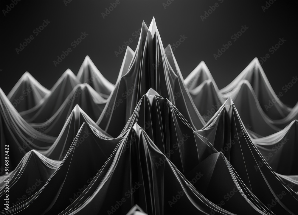 Poster black and white mountain range with jagged peaks and valleys, creating sense depth and movement.