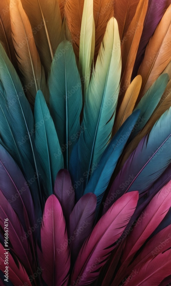 Aufkleber close-up view vibrant array multicolored feathers, ranging from deep blues to bright oranges, arrang