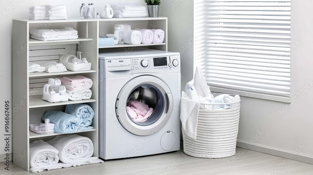 Poster a tidy laundry room showcases a washing machine beside a shelf of neatly folded towels and soft line