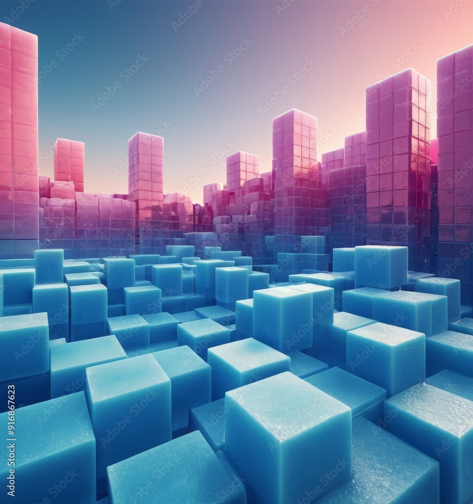 Poster 3d cityscape features tall buildings with reflective windows, creating futuristic and abstract urban