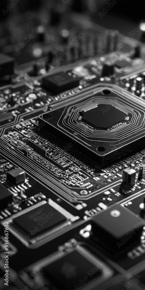 Poster close-up view circuit board, with focus on central square-shaped component and various other electro